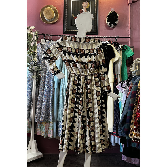 Vintage 80s 90s Maxi Dress Abstract Floral Print Ivory Brown Boho Minimalist M/L - Picture 6 of 9